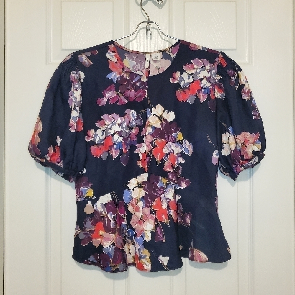 LEWIT Puffed Sleeve Silk Floral Print Top Sz S